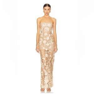 Bronx and Banco Strapless Floral Dress in Cream and Tan